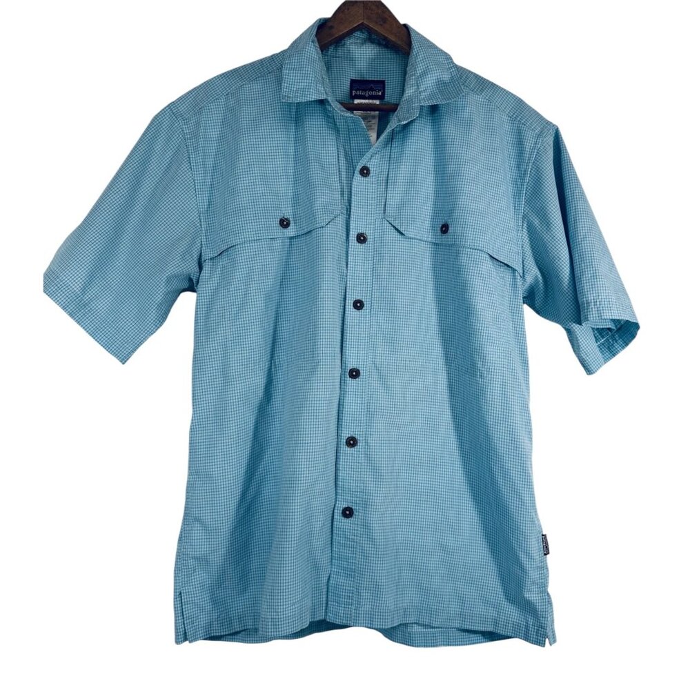 Patagonia Vented Mens Short Sleeve Button-Up Shirt Size Small Blue Check